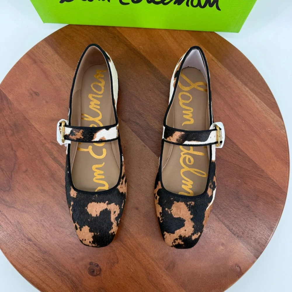 Sam Edelman Michaela Mary Jane Flats Womens Brown Cow Print Calf Hair 7 M